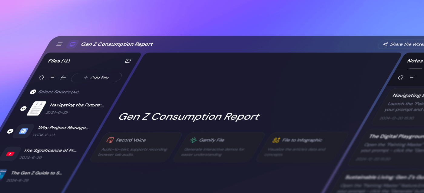 Wisebase workspace interface for saving sources and notes